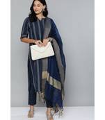Kvsfab Navy Blue & Off White Striped Pure Handloom Cotton Unstitched Dress Material