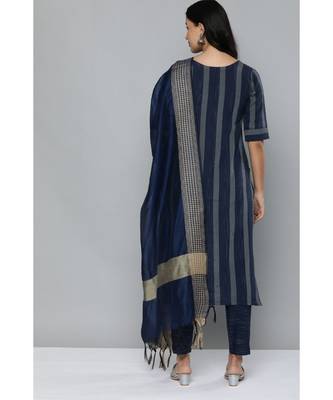 Kvsfab Navy Blue & Off White Striped Pure Handloom Cotton Unstitched Dress Material 2