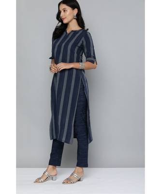 Kvsfab Navy Blue & Off White Striped Pure Handloom Cotton Unstitched Dress Material 3