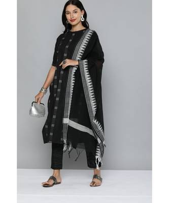 Kvsfab Black & White Striped Pure Handloom Cotton Unstitched Dress Material 1