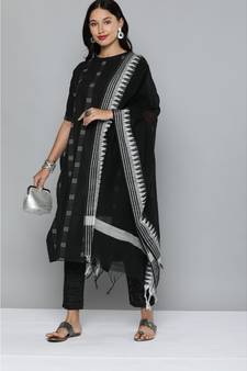 Kvsfab Black & White Striped Pure Handloom Cotton Unstitched Dress Material
