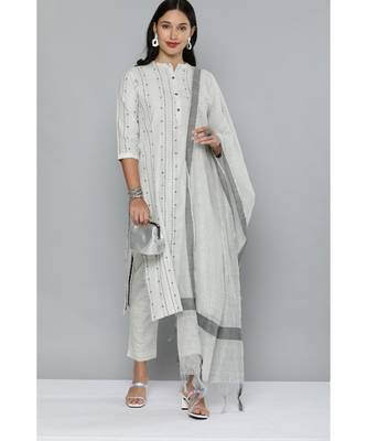 Kvsfab White & Grey Ethnic Motif Patterned Pure Handloom Cotton Unstitched Dress Material 1