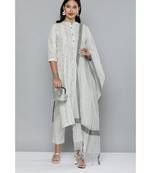 Kvsfab White & Grey Ethnic Motif Patterned Pure Handloom Cotton Unstitched Dress Material