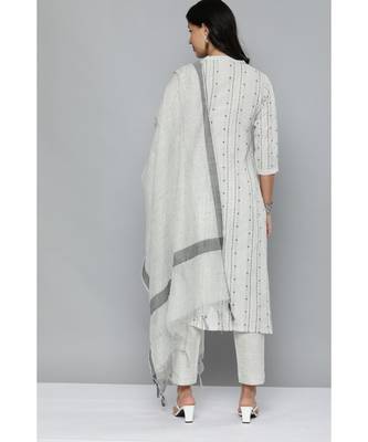 Kvsfab White & Grey Ethnic Motif Patterned Pure Handloom Cotton Unstitched Dress Material 2
