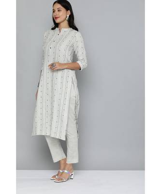 Kvsfab White & Grey Ethnic Motif Patterned Pure Handloom Cotton Unstitched Dress Material 3