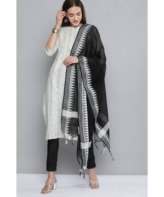 Kvsfab White & Black Pure Handloom Cotton Unstitched Sustainable Dress Material 1