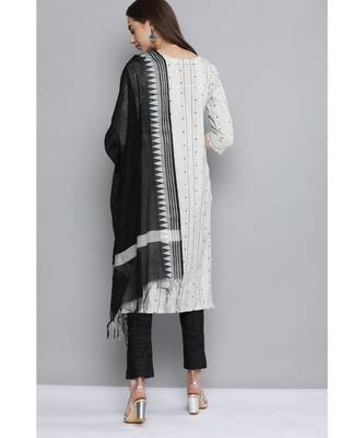 Kvsfab White & Black Pure Handloom Cotton Unstitched Sustainable Dress Material 2