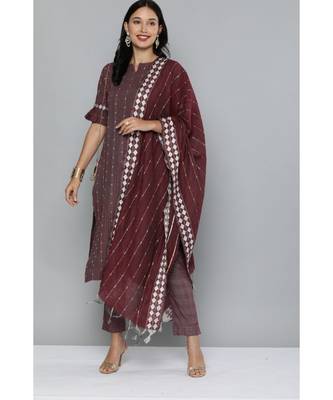 Kvsfab Rust Brown & White Ethnic Motif Patterned Pure Handloom Cotton Unstitched Dress Material 1