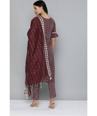 Kvsfab Rust Brown & White Ethnic Motif Patterned Pure Handloom Cotton Unstitched Dress Material 2