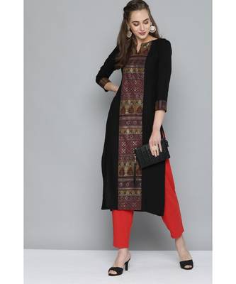 Kvsfab Women Black Ethnic Motifs Ikat Printed Panelled Heavy Rayon Kurta 1