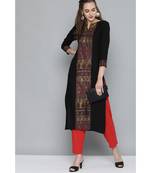 Kvsfab Women Black Ethnic Motifs Ikat Printed Panelled Heavy Rayon Kurta
