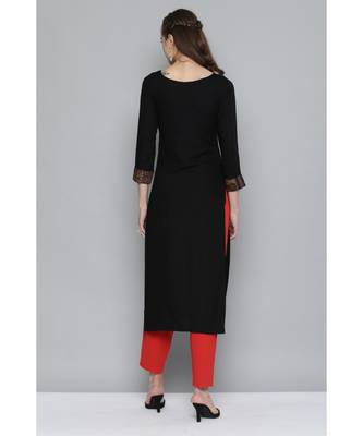 Kvsfab Women Black Ethnic Motifs Ikat Printed Panelled Heavy Rayon Kurta 2