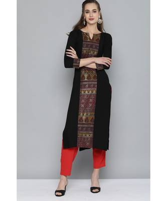 Kvsfab Women Black Ethnic Motifs Ikat Printed Panelled Heavy Rayon Kurta 3