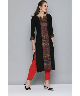 Kvsfab Women Black Ethnic Motifs Ikat Printed Panelled Heavy Rayon Kurta 4