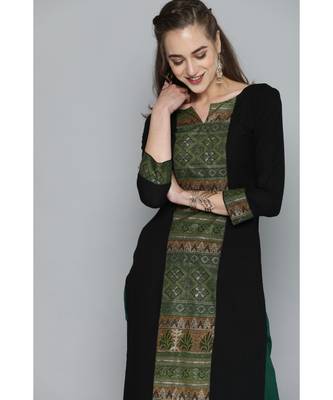 Kvsfab Women Black & Green Ethnic Motifs Ikat Printed Panelled Heavy Rayon Kurta 1