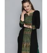 Kvsfab Women Black & Green Ethnic Motifs Ikat Printed Panelled Heavy Rayon Kurta
