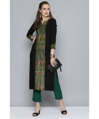 Kvsfab Women Black & Green Ethnic Motifs Ikat Printed Panelled Heavy Rayon Kurta 2