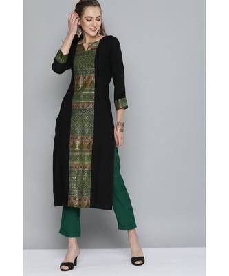 Kvsfab Women Black & Green Ethnic Motifs Ikat Printed Panelled Heavy Rayon Kurta 4