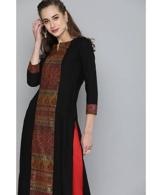 Kvsfab Women Black & Orange Ethnic Motifs Ikat Printed Panelled Heavy Rayon Kurta 1