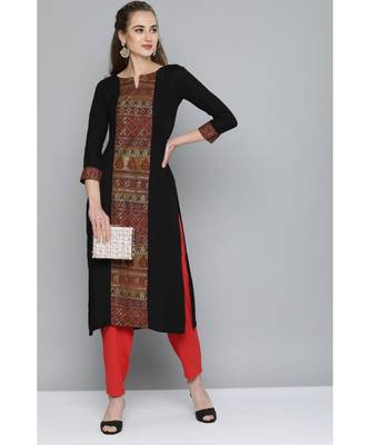 Kvsfab Women Black & Orange Ethnic Motifs Ikat Printed Panelled Heavy Rayon Kurta 2