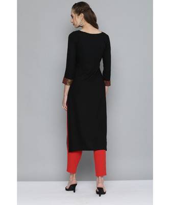 Kvsfab Women Black & Orange Ethnic Motifs Ikat Printed Panelled Heavy Rayon Kurta 3