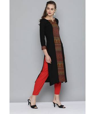 Kvsfab Women Black & Orange Ethnic Motifs Ikat Printed Panelled Heavy Rayon Kurta 4