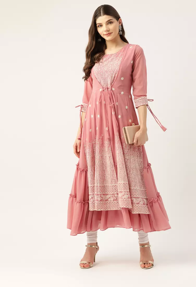 Peach embroidered georgette embroidered-kurtis