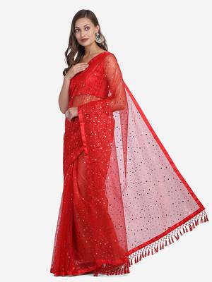 Red embroidered pure net saree with blouse 1