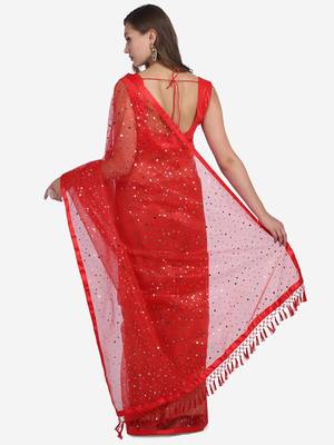 Red embroidered pure net saree with blouse 2