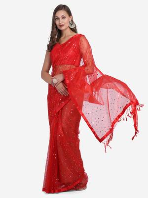 Red embroidered pure net saree with blouse 3