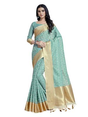 Turquoise woven art silk saree with blouse 1
