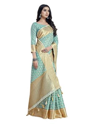 Turquoise woven art silk saree with blouse 2