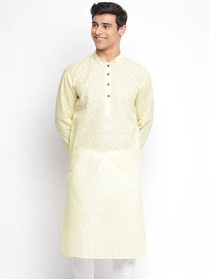 Light Yellow plain Pattern Straight men kurta 1