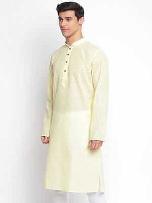 Light Yellow plain Pattern Straight men kurta 2