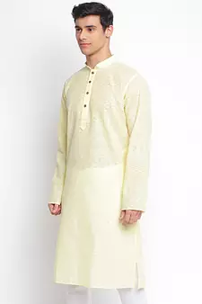 Light Yellow plain Pattern Straight men kurta