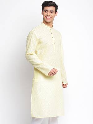 Light Yellow plain Pattern Straight men kurta 3