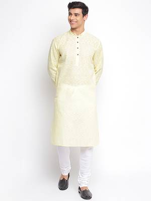 Light Yellow plain Pattern Straight men kurta 5