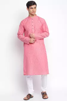 Pink plain Pattern Straight men kurta