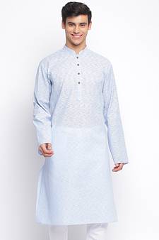 Powder Blue plain Pattern Straight men kurta