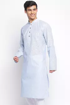 Powder Blue plain Pattern Straight men kurta