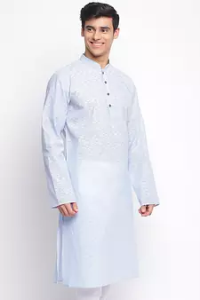 Powder Blue plain Pattern Straight men kurta