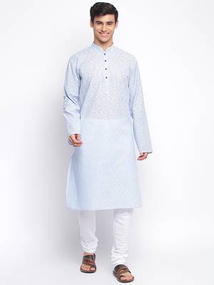 Powder Blue plain Pattern Straight men kurta 5
