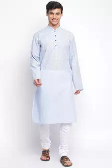 Powder Blue plain Pattern Straight men kurta