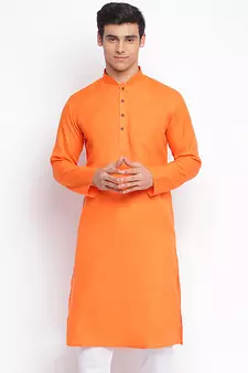 Deep Orange plain Pattern Straight men kurta