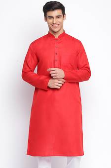 Tomato Red plain Pattern Straight men kurta
