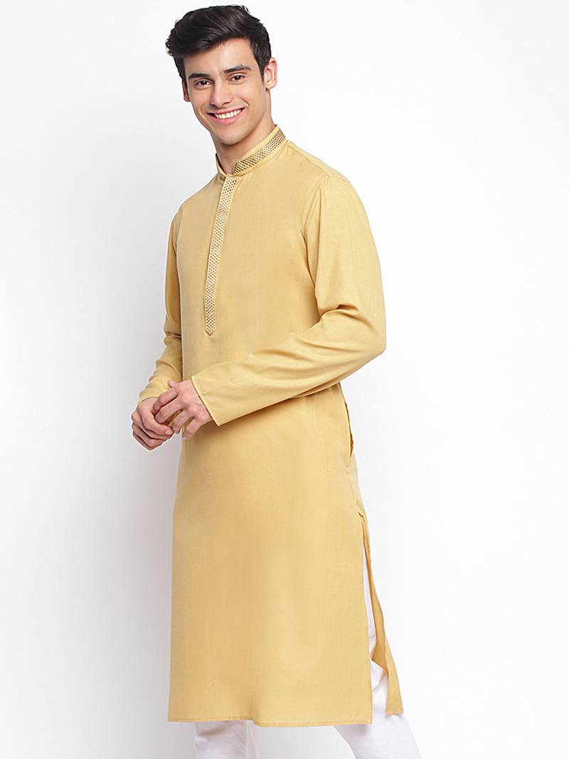 Deep Beige plain Pattern Straight men kurta