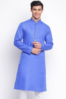 Ink Blue plain Pattern Straight men kurta
