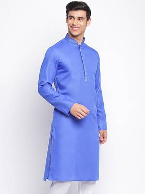 Ink Blue plain Pattern Straight men kurta 3