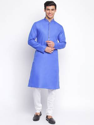 Ink Blue plain Pattern Straight men kurta 5