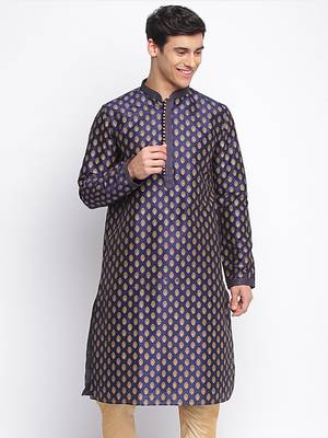 Deep Blue Woven Pattern Straight men kurta 1